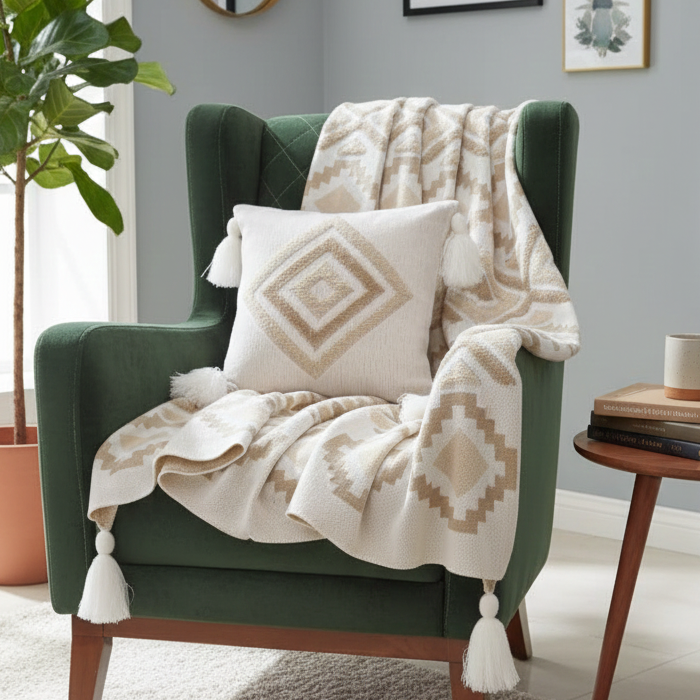 شال مبل پانچ استخوانی به همراه کوسن ست