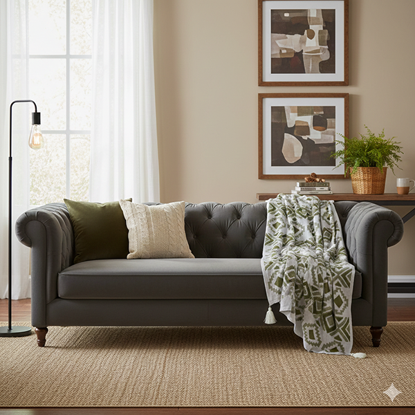 شال مبل پانچ زیتونی روی مبل