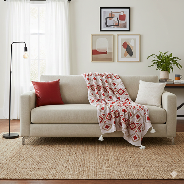 شال مبل پانچ قرمز روی مبل