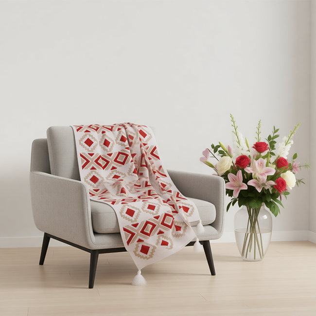 شال مبل پانچ قرمز روی مبل