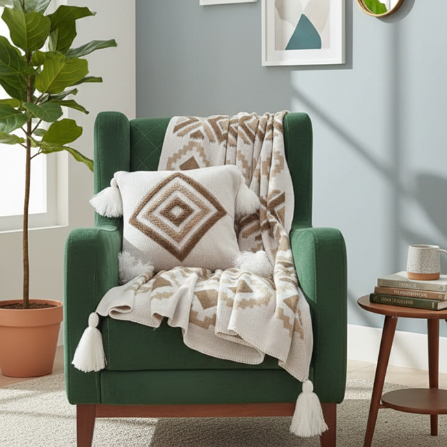 کوسن پانچ نسکافه ای به همراه شال مبل نسکافه ای