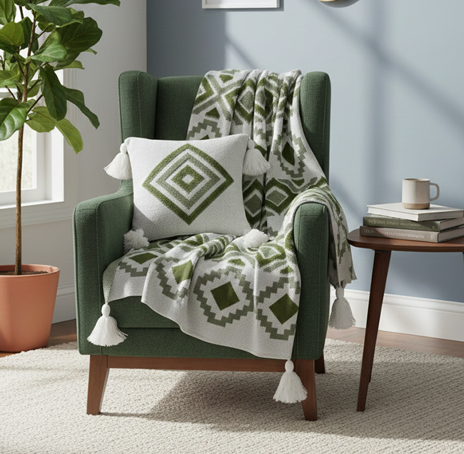 کوسن پانچ زیتونی به همراه شال مبل زیتونی