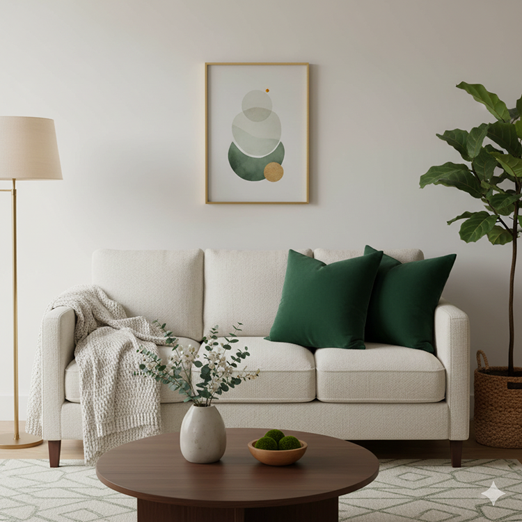 کوسن مخمل سبز کله غازی روی مبل