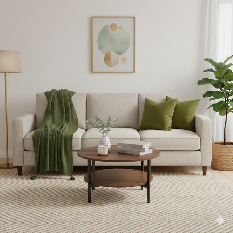 کوسن مخمل زیتونی روی مبل