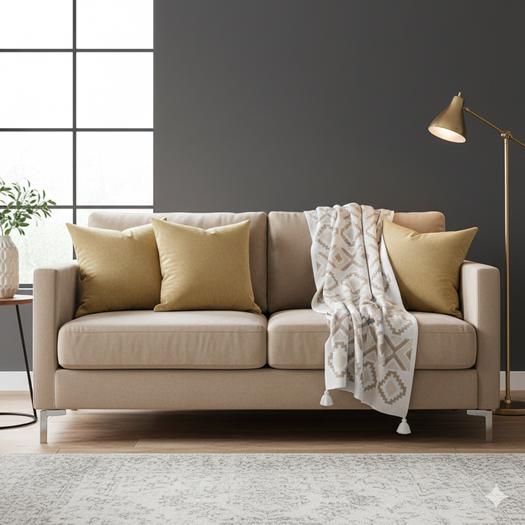 کوسن مخمل ساده کرمی روی مبل