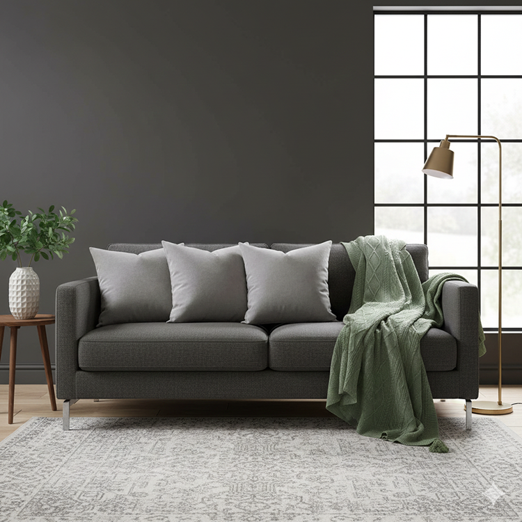 کوسن مخمل طوسی روشن روی مبل