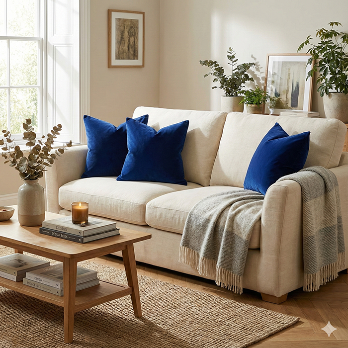 کوسن مخمل سورمه ای روی مبل