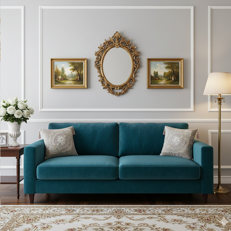 کوسن مخمل دانتل صورتی ملایم روی مبل