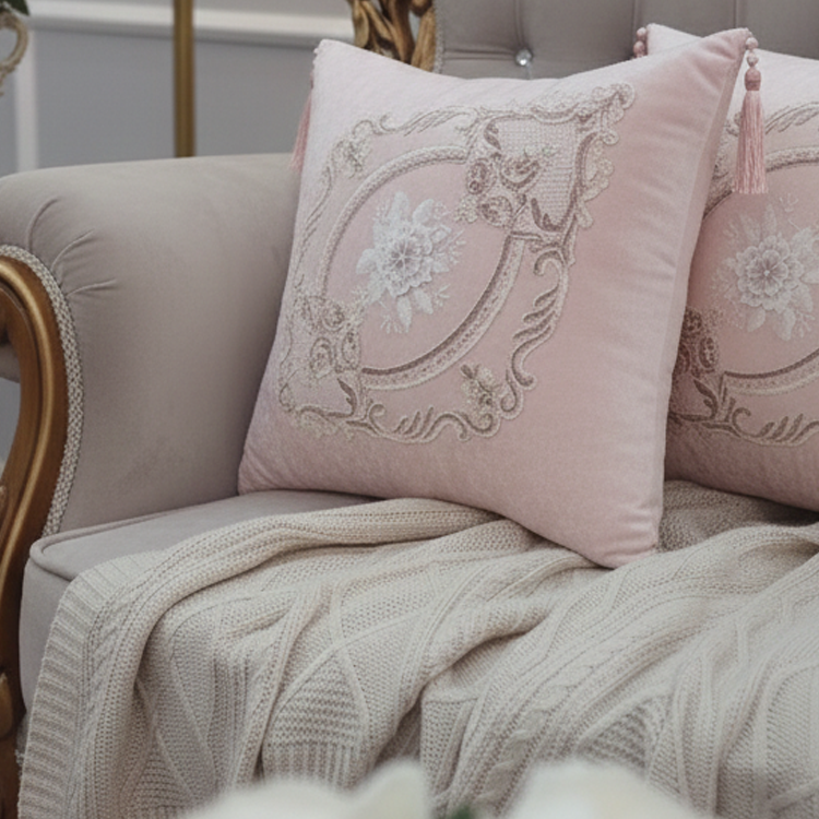 کوسن مخمل دانتل صورتی ملایم از نمای نزدیک