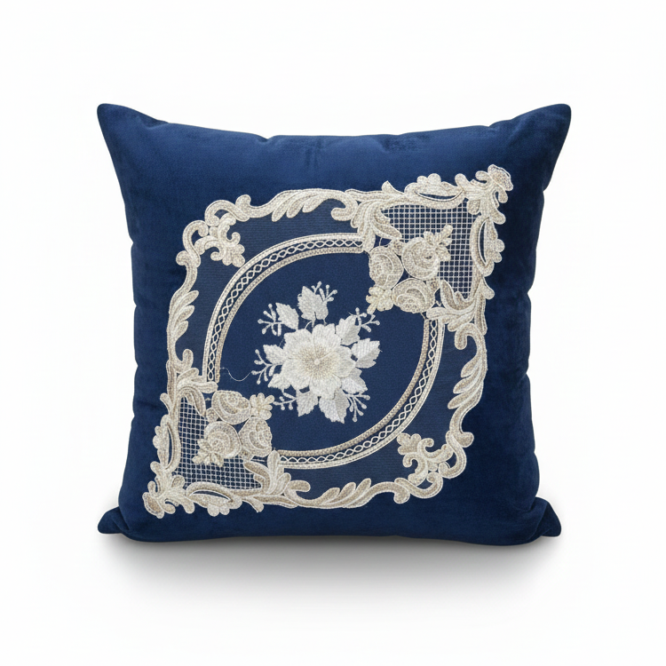 کوسن مخمل دانتل سورمه ای