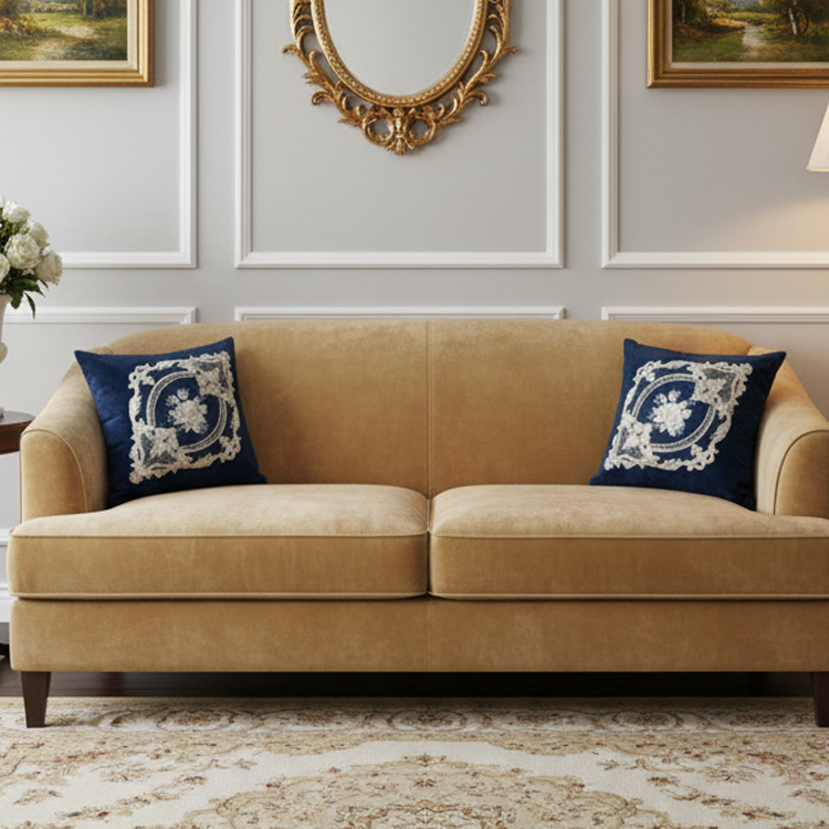 کوسن مخمل دانتل سورمه ای روی مبل