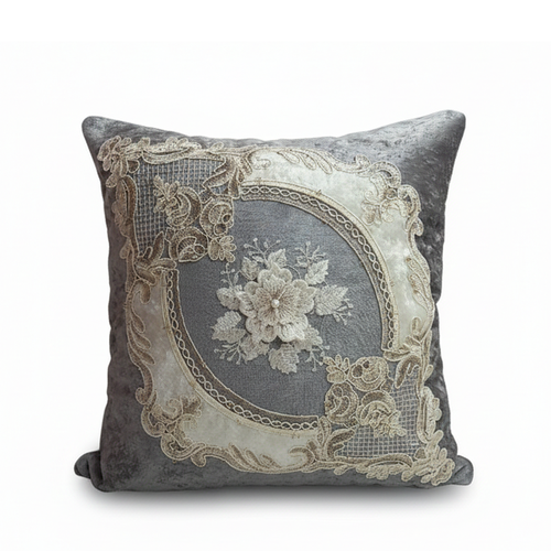 کوسن مخمل دانتل طوسی