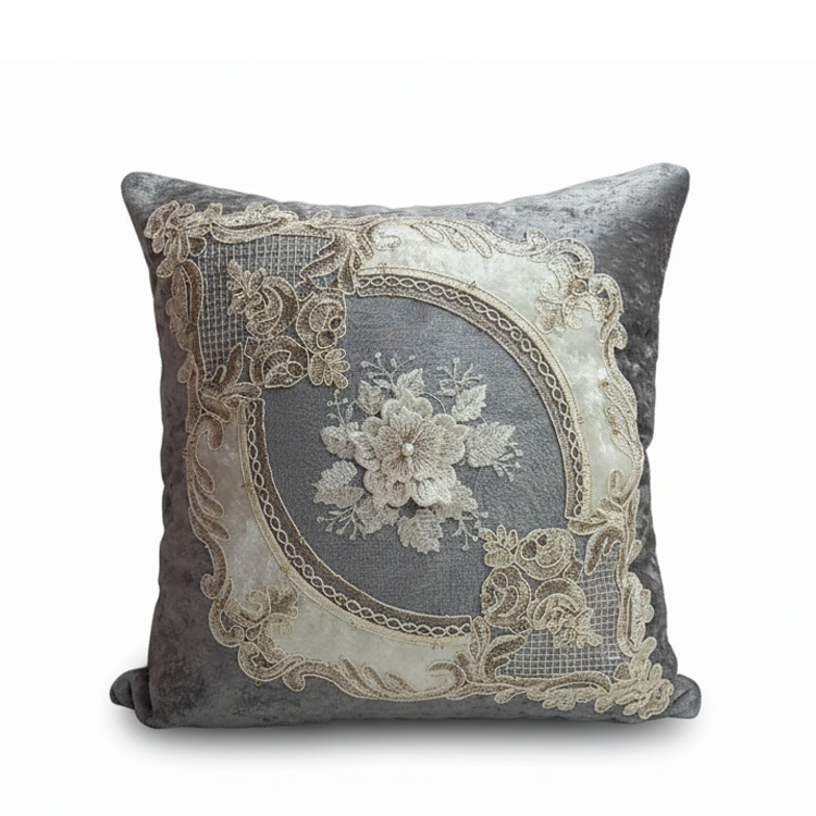 کوسن مخمل دانتل طوسی