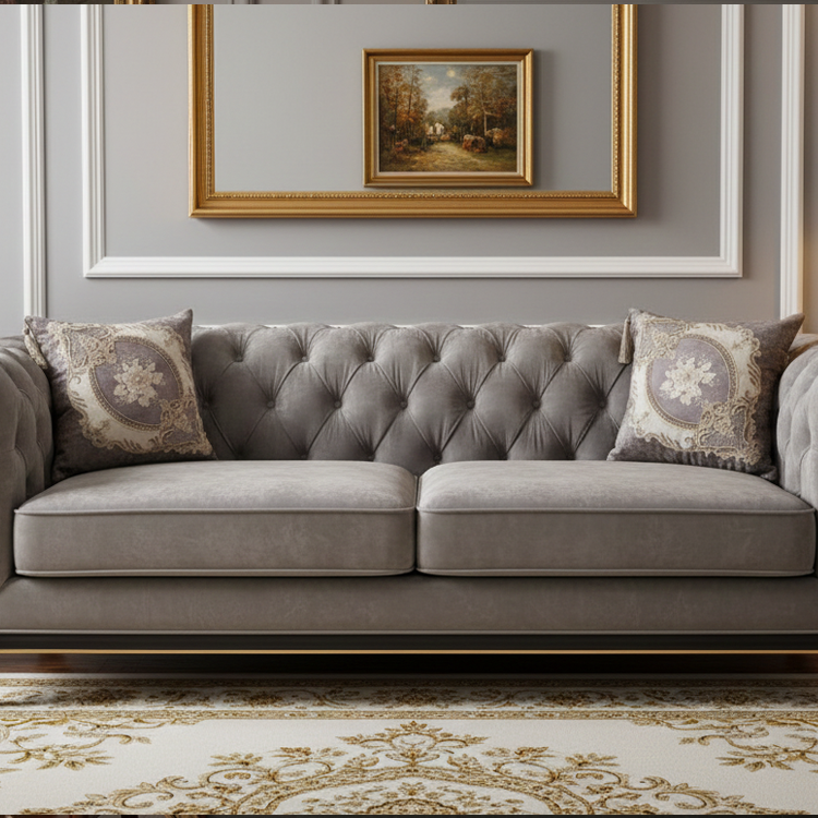 کوسن مخمل دانتل طوسی روی مبل