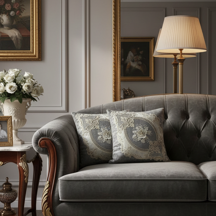 کوسن مخمل دانتل طوسی از نمای نزدیک