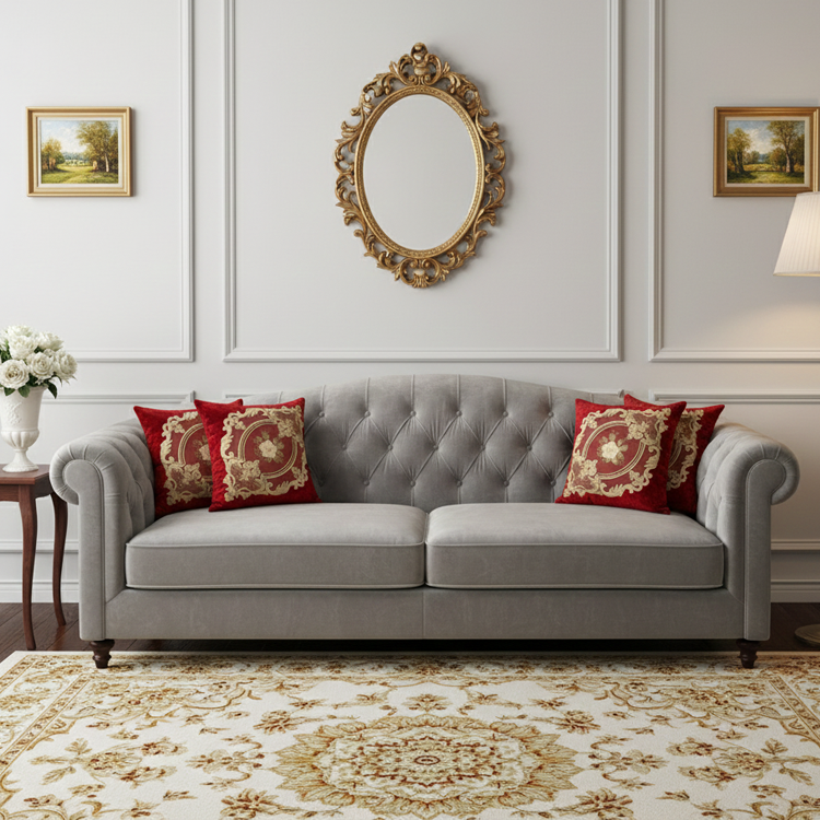 کوسن مخمل دانتل قرمز روی مبل