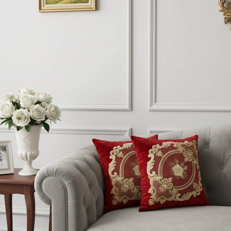 کوسن مخمل دانتل قرمز از نمای نزدیک