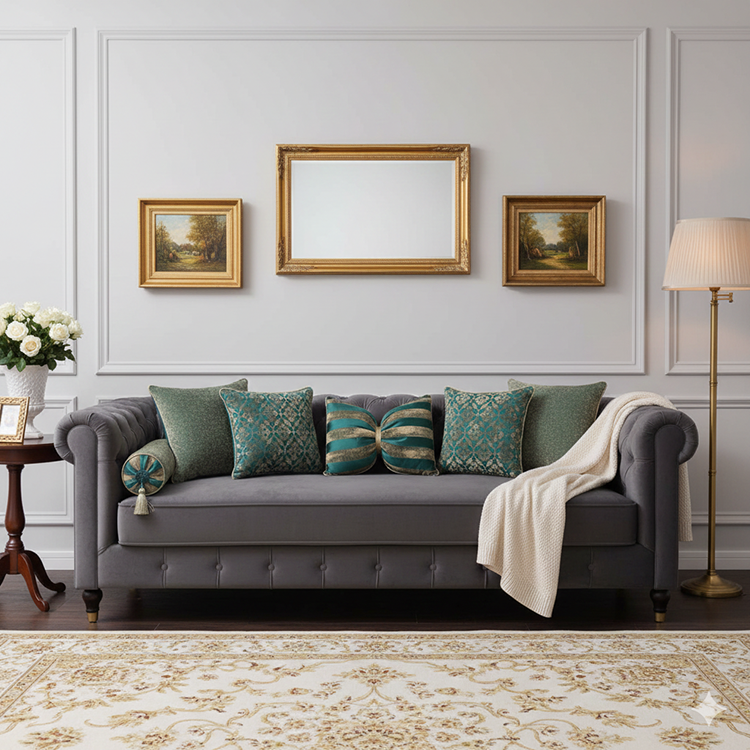 ست کوسن 7 تیکه خاتون سبز روی مبل