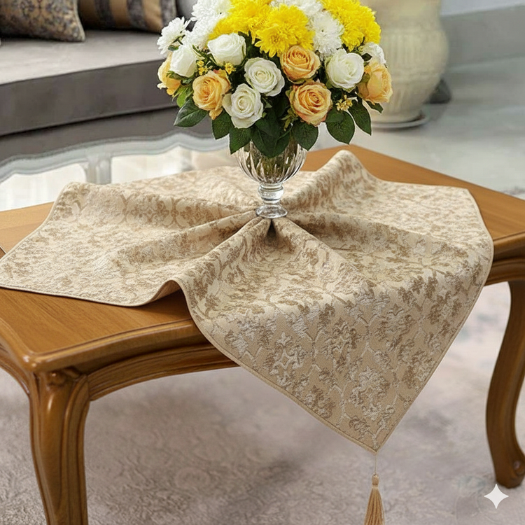 رومیزی مربع رنگ کرم نسکافه ای طرح خاتون