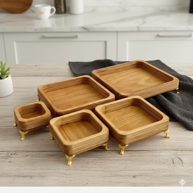 سینی 5 تکه مربع پایهدار چوبی